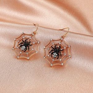 Gold, Black & Rhinestone Spider Web Earrings